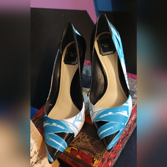 Christian Dior Like New color block heels / pumps blue and black leather - Picture 6 of 12